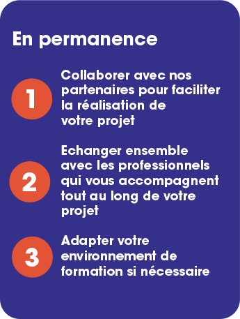 En permanence 1 - Collaborer avec nos partenaires pour faciliter la réalisation de votre projet 2 - Echanger ensemble avec les professionnels qui vous accompagnent tout au long de votre projet 3 - Adapter votre environnement de formation si nécessaire