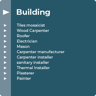 Building: Tiles mosaicist, Wood Carpenter, Roofer, Electrician, Mason, Carpenter manufacturer, Carpenter installer, Sanitary installer, Thermal Installer, Plasterer, Painter