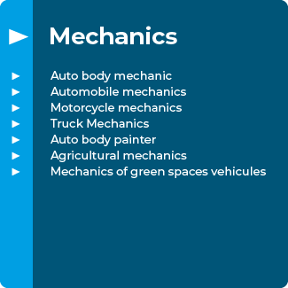 Mechanics: Auto body mechanic, Automobile mechanics, Motorcycle mechanics, Truck Mechanics, Auto body painter, Agricultural mechanics, Mechanics of green spaces vehicules